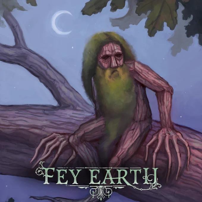The image shows a creature that is sitting on a branch. It appears to be made of wood and looks like a child's toy crudely carved from a piece of wood to look like an old man. It has very large hands with, long thing fingers and it has a beard and hair made of moss