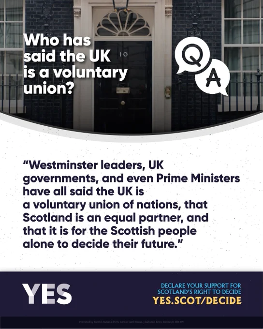 The black front door of 10 Downing Street. Text says Westminster leaders and Prime Ministers have described the UK as a voluntary union of equal partners, with Scotland free to decide its future.