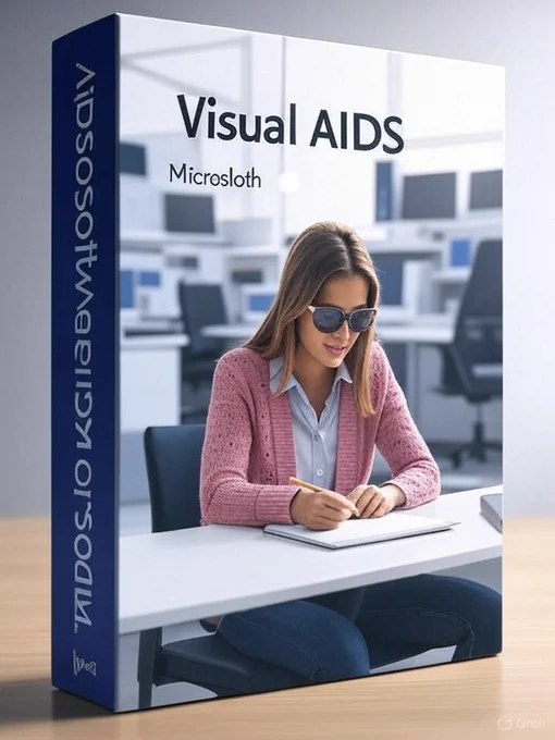 An AI generated image of a parody boxed software package in the style of Microsoft Visual Studio called "Microsloth Visual AIDS" has a possibly blind woman with dark shades sitting in a room filled with computers.