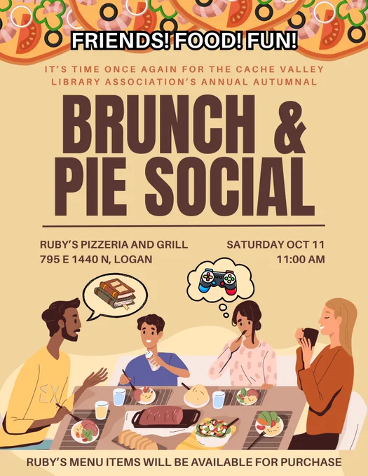 Features a cartoon image of people sitting around a table eating. One is talking about books and another is thinking about video games.