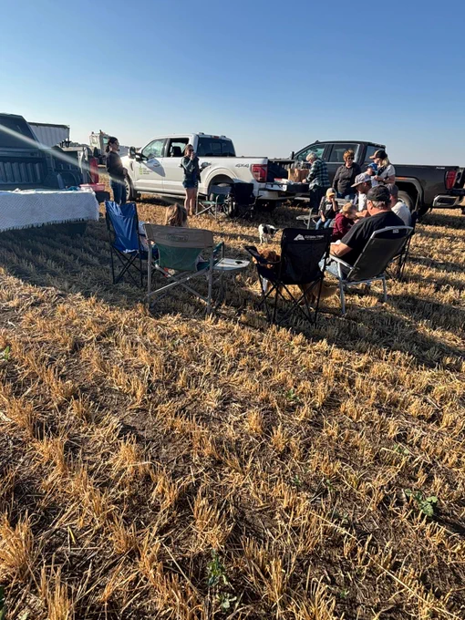 A group of people gathered in a field with several parked trucks, having supper in the field.