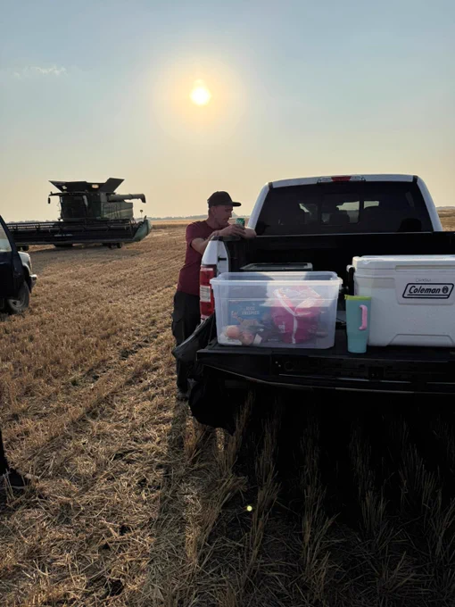 A person stands by a pickup truck with multiple coolers, in a harvested field at sunset, with a combine in the background.