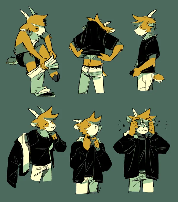 a digital drawing of an anthropomorphic goat getting dressed across 6 drawings