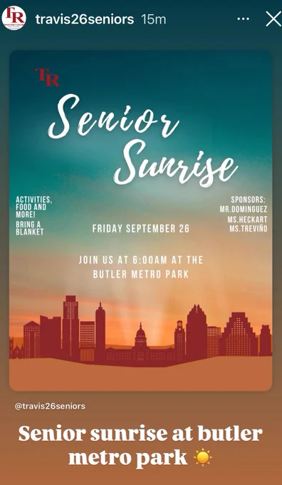 Flyer showing Austin skyline with info about Travis Senior Sunrise