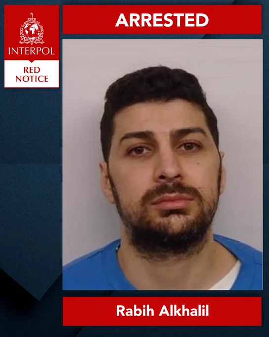 INTERPOL Red Notice poster with the word 'ARRESTED' displayed at the top. Features a photo of an individual named Rabih Alkhalil