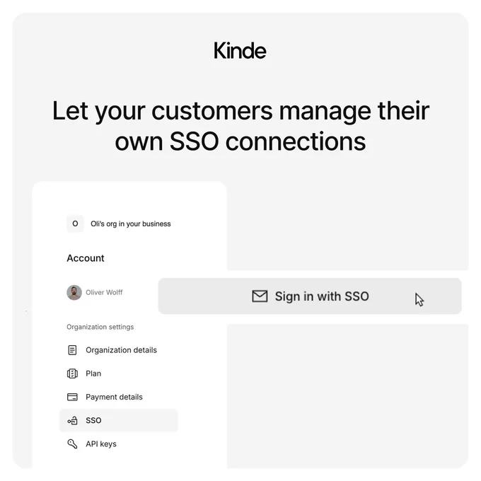 Image of a software interface menu with SSO included on it. Headline says: Let your customers manage their own SSO connections. Menu partly overlaid with button and mouse pointer. Button says Sign in with SSO.