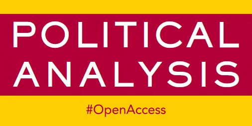 Logo for Political Analysis, featuring the text 'POLITICAL ANALYSIS' in white on a maroon background, above '#OpenAccess' in white on a yellow background.