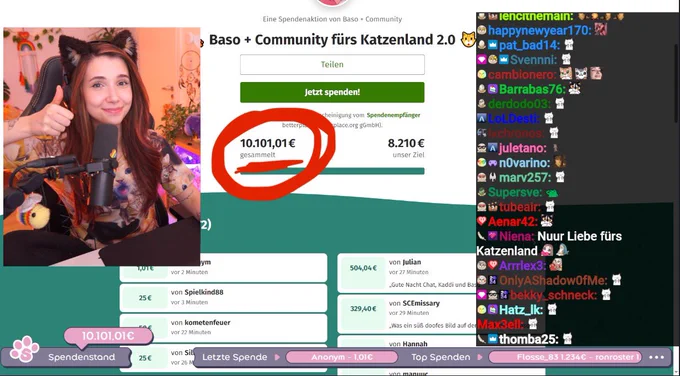 Screenshot von mir in meinem Twitch Stream, meine Kamera mit mir links, in der Mitte der Spendenstand von 10.000€ und rechts mein Twitch Chat mit vielen Namen und emotes