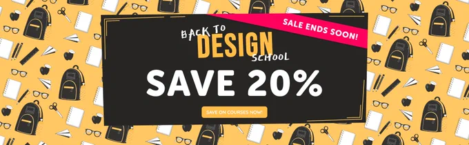 Back to Design School text overlay a background with repeating pattern of backpacks, notebooks, and glasses