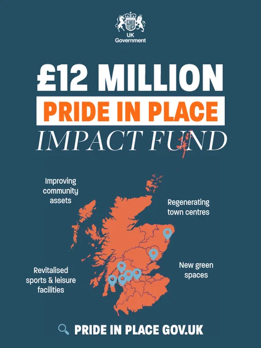 Image shows a map of Scotland with title '£12 million Pride in Place Impact Fund'. Subtitle says 'improving community assets, regenerating town centres, revitalised sports and leisure facilities and new green spaces'.