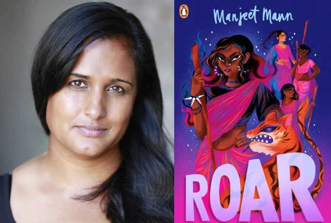 There is a portrait of Manjeet Mann on the left and a picture of her book ROAR on the right. 