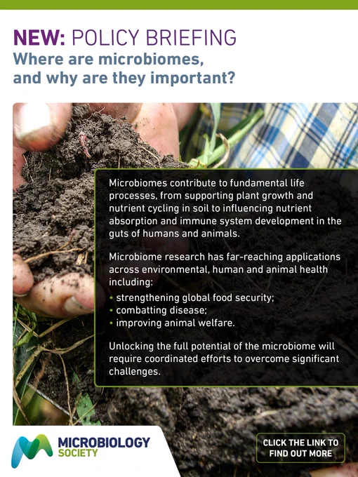 Graphic shows 'New: Policy Briefing: Where are microbiomes and why are they important?'.  Background image of soil with textbox that reads "Microbiomes contribute to fundamental life processes...". Click the link to find out more. 