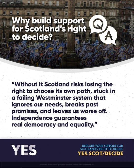 A crowd of people with Scottish flags in George Square, Glasgow. Text asks why support Scotland’s right to decide and quotes that without it Scotland risks losing democracy and equality.