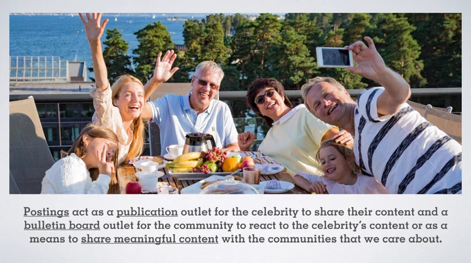 Big happy family having breakfast outdoors while one person is taking a photo with their phone on a PowerPoint slide with the text: Postings act as a publication outlet for the celebrity to share their content and a bulletin board outlet for the community to react to the celebrity’s content or as a means to share meaningful content with the communities that we care about.