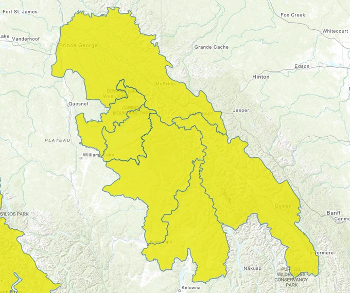 High Streamflow Advisory area includes North Thompson region including tributary rivers around Blue River, Clearwater and surrounding areas, South Thompson region including tributary rivers around Adams and Seymour Rivers and surrounding areas, Upper Columbia including tributary rivers around Valemount, Lake Revelstoke and surrounding areas, Upper Fraser River including the McGregor River, Robson Valley and surrounding areas, Cariboo region including headwaters of the Quesnel River and surrounding areas.