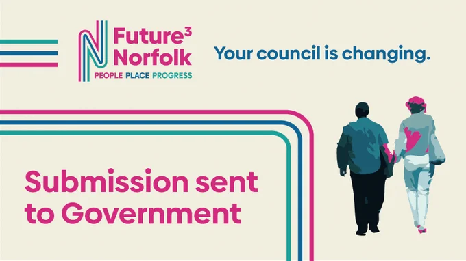 Image of two people walking with text saying 'Future Norfolk, Your Council is changing. Submission sent to Government'
