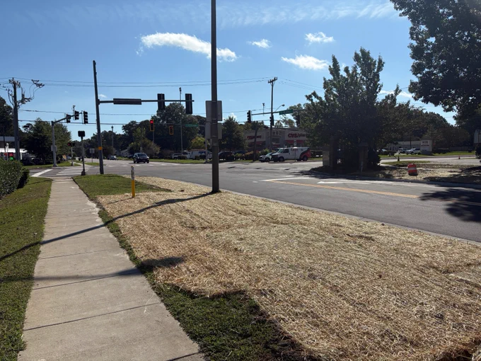 Image of a sidewalk and South Plaza Trail intersection
