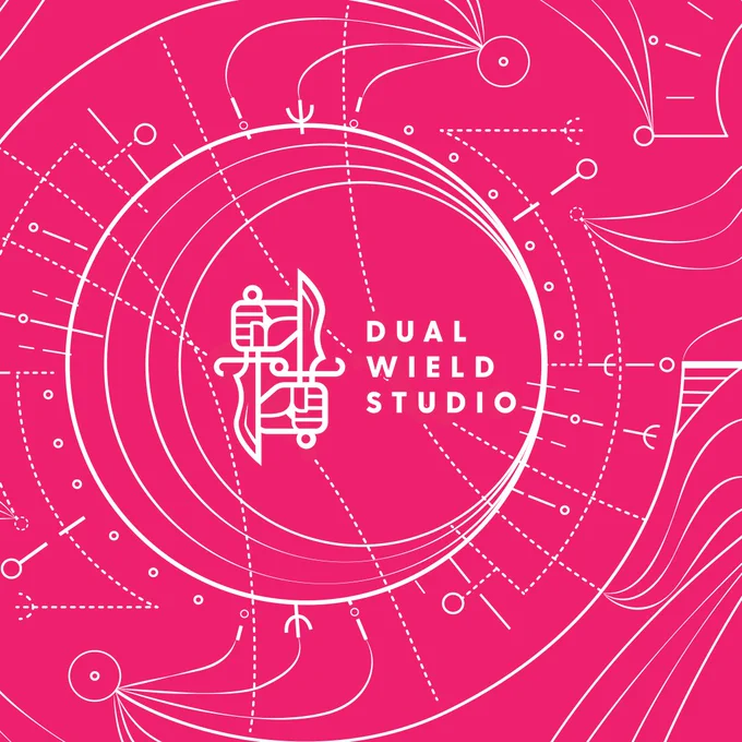 An astral design with the Dual Wield Studio logo in the center. The logo has two hands on top of each other each holding a dagger on the left, and reads "DUAL WIELD STUDIO" on the right.