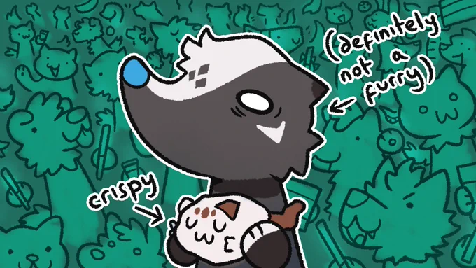 Digitally illustrated YouTube thumbnail: a cartoon skunk is in the centre, looking distressed, while holding a creased cat plushie. In the background are a bunch of cartoon people wearing animal costumes and holding glow sticks, coloured with the Eurofurence brand colour. Text on the left reads "definitely not a furry" with an arrow pointing to the skunk, text on the right reads "crispy" with an arrow pointing to the cat plush.