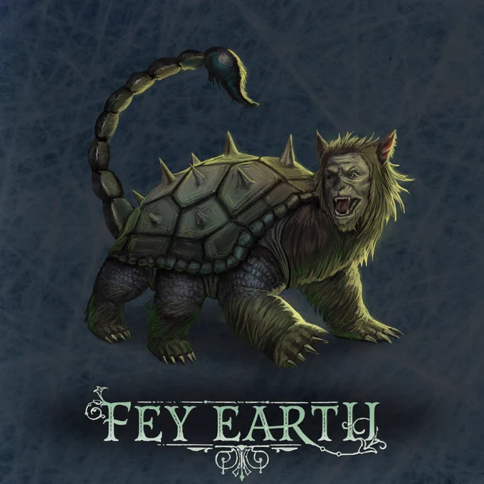 The image shows a monstrous beast. It has six legs, each ending in a huge bears paw. It's back is covered in a mighty spiked tortoise shell and it has a large scorpion tail coiled above it's back. It's head is a large leonione head with the mouth open in a roar