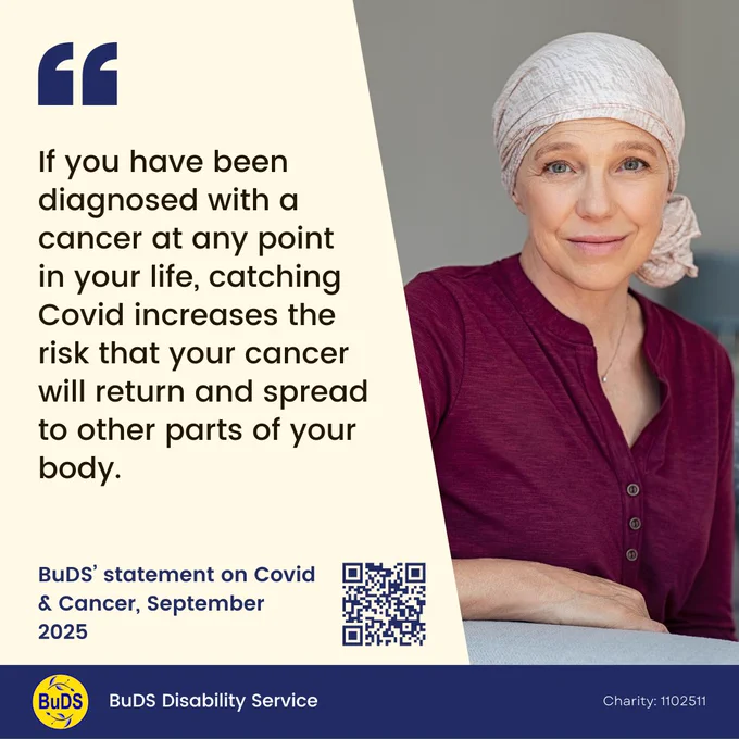 Text on a cream background reading: "If you have been diagnosed with a cancer at any point in your life, catching Covid increases the risk that your cancer will return and spread to other parts of your body". On the right is an image of a Caucasian woman wearing a red blouse and white headscarf looking gravely into the camera, against a neutral grey background