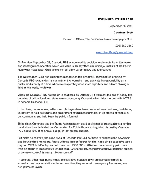 A press release condemning Cascade PBS’s decision to cut its News and Investigations teams
