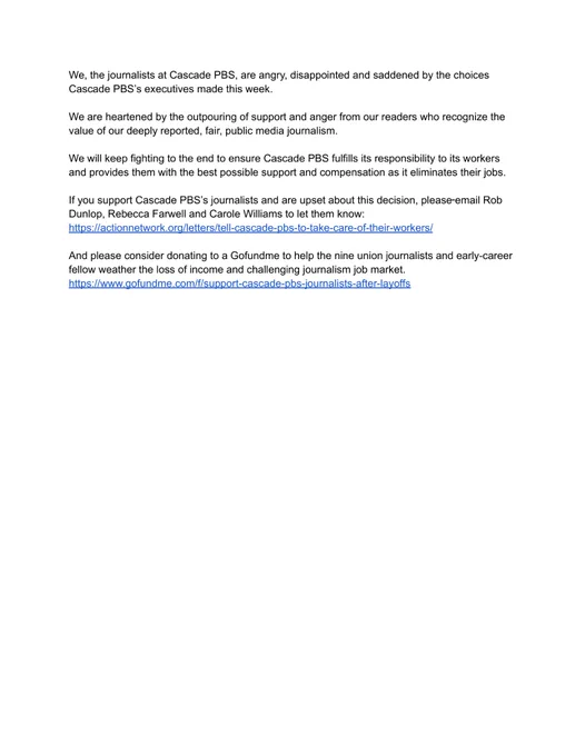 A press release condemning Cascade PBS’s decision to cut its News and Investigations teams