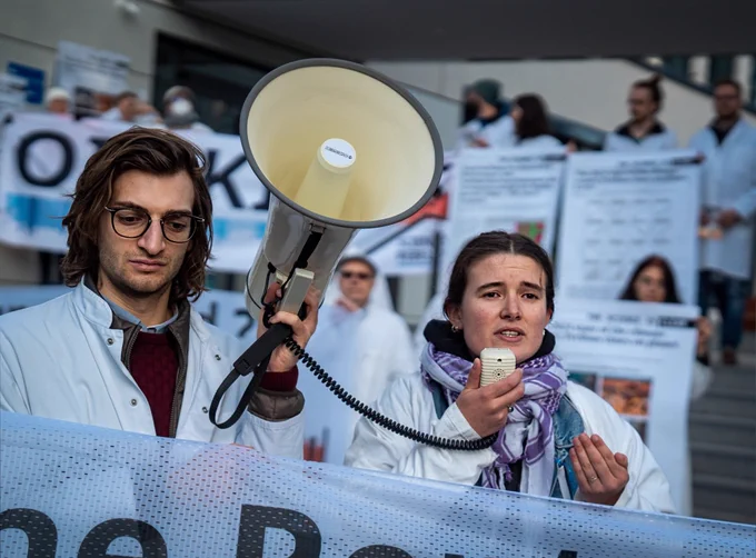 Scientist Rebellion activists with a loudspeaker