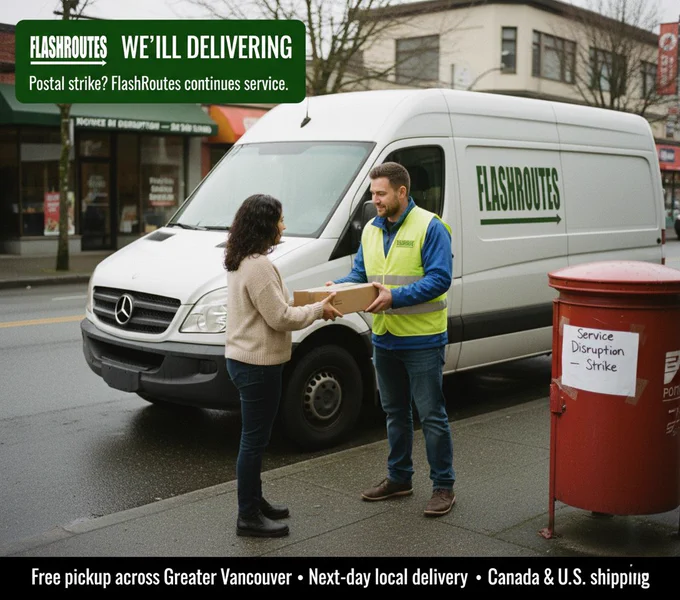 FlashRoutes driver delivering a parcel in Vancouver; service continues during Canada Post strike—free pickup, next-day local, Canada & U.S. shipping.