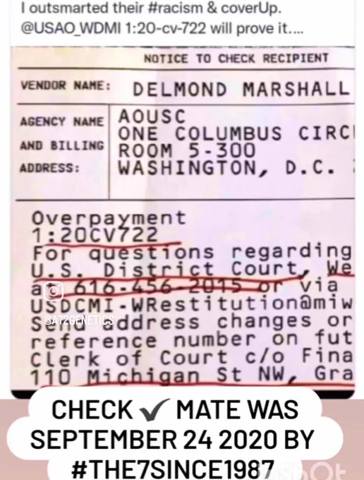 3263 days-In 2020, Delmond ‘The7Since1987’ Marshall filed federal case 1:20-cv-722, known publicly as the WhoIsC19 case, documenting overpayment, obstruction, and civil rights violations tied to the Flint Water Crisis and COVID-era whistleblower retaliation. Five years later, the legal record remains unrefuted, yet restitution has been denied. Today, Flint Unity Farming Project USA calls for full Department of Justice review, public release of sealed filings, and immediate remedy for the documented harms.
The case, filed in the Western District of Michigan and acknowledged by the Administrative Office of the U.S. Courts (AOUSC), centers on a September 2020 financial transaction—marked “CHECK MATE”—that overpaid on behalf of Ben H. Marshall, a 29-year civic educator and advisor at Flint Northwestern High School. The payment, made in good faith, was tied to a restitution ledger that remains sealed.