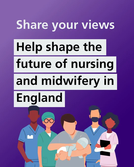Illustration of a group of nurses and midwives. The text reads 'Share your views. Help shape the future of nursing and midwifery in England.'