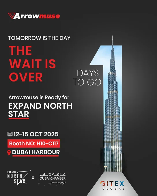 “Arrowmuse poster announcing participation at Expand North Star 2025, GITEX Global — Booth H10-C117, Dubai Harbour, October 12-15, featuring Burj Khalifa and event details.”