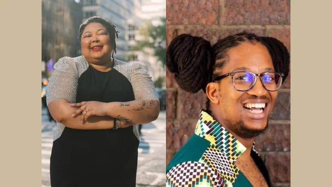 Two individuals posing for the camera with joyful expressions. On the left, a person in a black dress stands with arms crossed in an urban setting. On the right, a person in glasses and a colorful shirt smiles against a brick wall background.