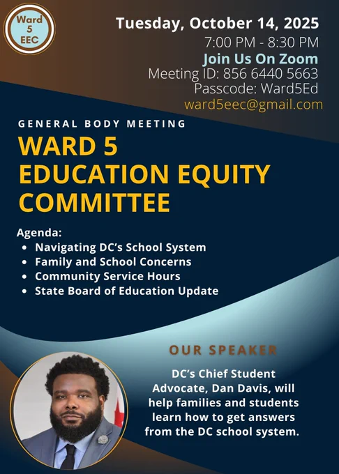 Flyer for Ward 5 education equity committee meeting, Oct 14 at 7 pm on zoom. Email ward5eec@gmail.com for more info.