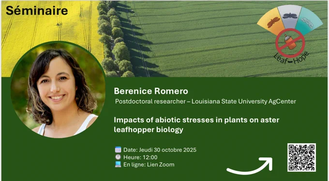 Promotion of the seminar with picture of Dr. Romero and the title about stress response of Macrosteles
