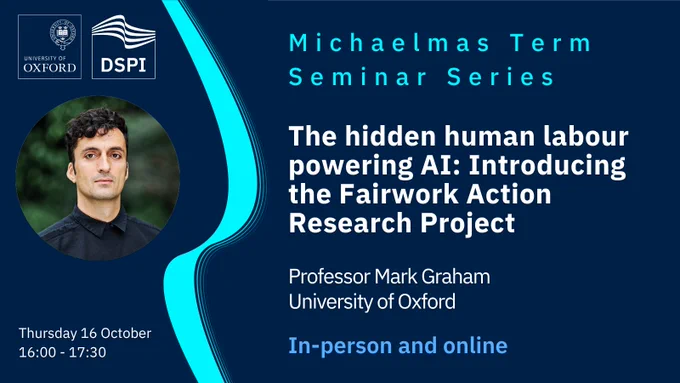 Michaelmas Term Seminar Series: The hidden human labour powering AI: Introducing the Fairwork Action Research Project
Thursday 16 October 4pm-5.30pm.
Professor Mark Graham has short curly dark hair. He is wearing a black shirt. 