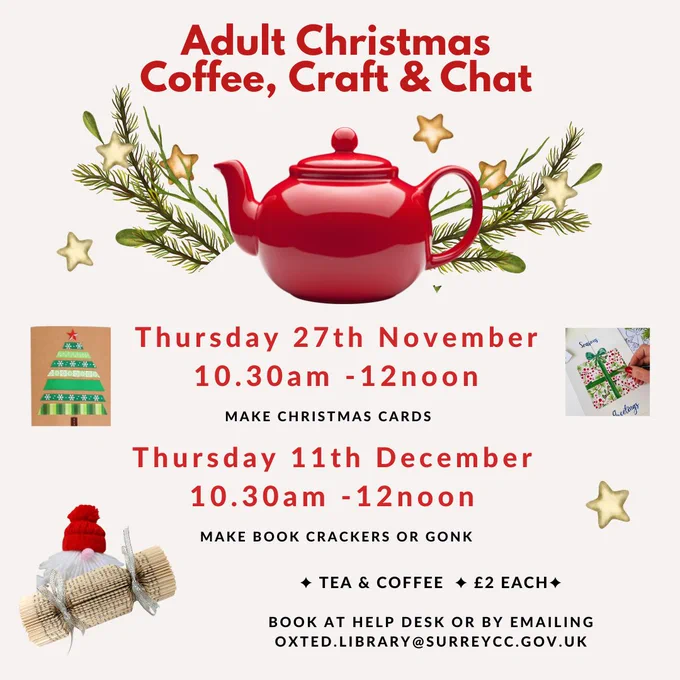 A red teapot, stars and fir trees with a gonk, book cracker and home made Christmas cards advertising our craft sessions. 27th November and 11th December. 10.30am to 12noon. £2 each. 