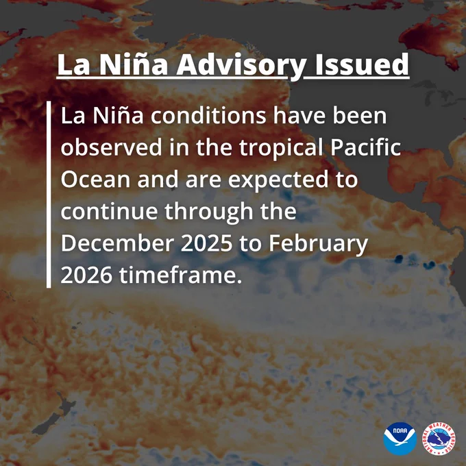 A graphic announcing the issuance of a La Niña Advisory on October 9, 2025. The text reads: "La Niña conditions have been observed in the tropical Pacific Ocean and are expected to continue through the December 2025 to February 2026 timeframe."