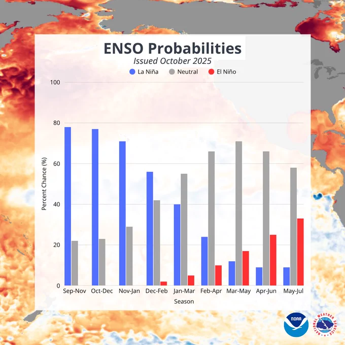 A bar chart titled "ENSO Probabilities, Issued October 2025." It shows the percent chance of La Niña (blue), Neutral (gray), and El Niño (red) conditions for different three-month seasons from September 2025 to July 2026. The chart indicates a high probability of La Niña in the fall, decreasing over time, while the probability of neutral conditions increases  beginning in January 2026.
