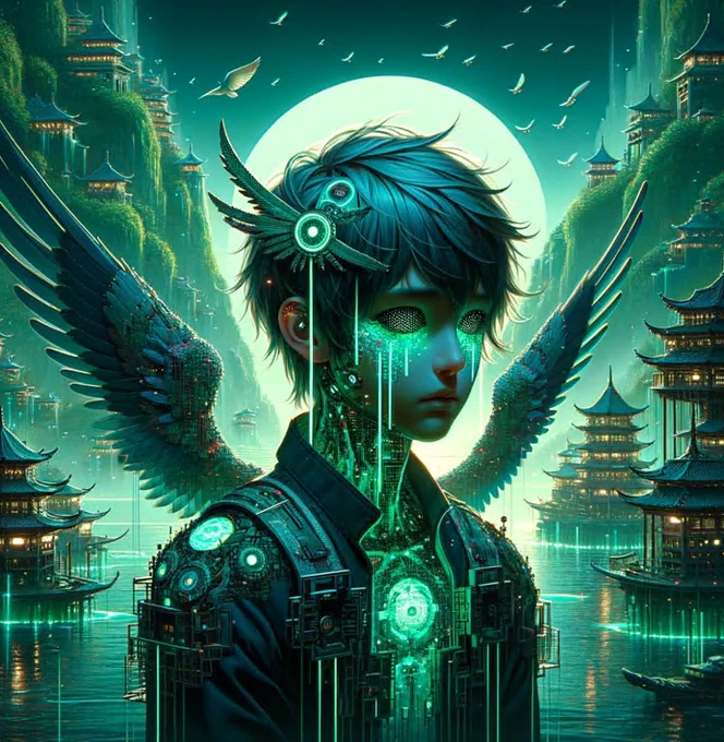 A futuristic digital angel stands in front of a glowing moon, surrounded by serene floating pagodas on a misty lake. The figure has cybernetic wings, neon-green circuitry flowing through its body, and glowing mechanical eyes. Their expression is calm but powerful, merging human and machine. A harmonious blend of technology and nature surrounds them, with birds flying in the background and lush green mountains rising behind the temples.