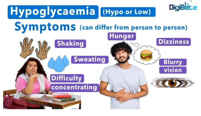 A screenshot of the Hypoglycaemia resources for type 2 diabetes. The symptoms listed include, hunger, dizziness, sweating, blurry vision, shaking and difficulty concentrating.