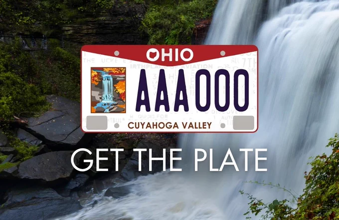 A photo of Brandywine Falls in Cuyahoga Valley National Park. Overlaid onto the photo is an image of a Cuyahoga Valley license plate with an illustration of the falls. Above the plate are the words: Get the plate. 