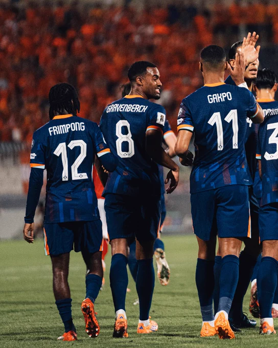 Frimpong, Gravenberch, Gakpo and Van Dijk celebrate together on International duty as the Netherlands take on Malta