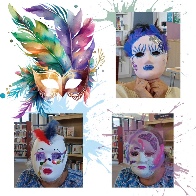 A hand painted carnival mask and four photos of people wearing the masks they made in our session. Feathers, diamante and glitter abounds.