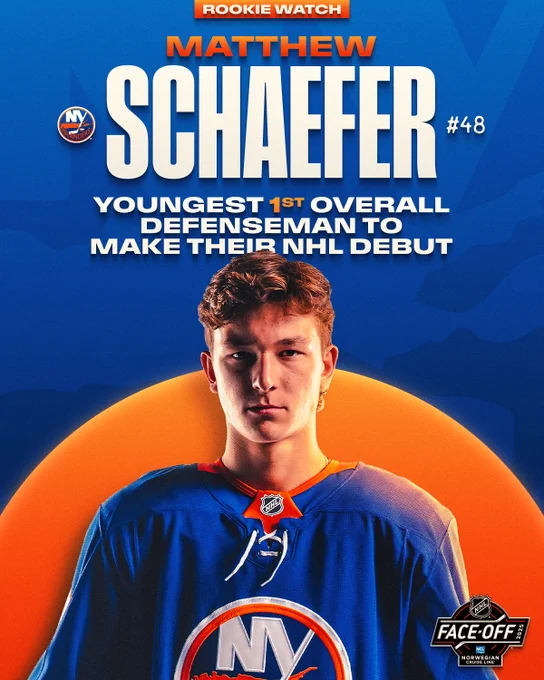 Top: Large text on a blue background reading "Rookie Watch. Matthew Schaefer #48. Youngest 1st overall defenseman to make their NHL debut".

Bottom: Large image of Matthew Schaefer in a New York Islanders uniform on top of an orange background.