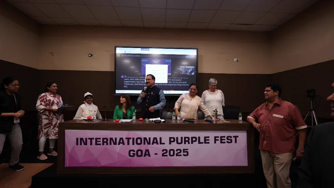Image: This image features dignitaries on stage during the International Collaboration and Globalization, Political Participation of PwDs session under Purple Convention at the International Purple Fest Goa 2025.