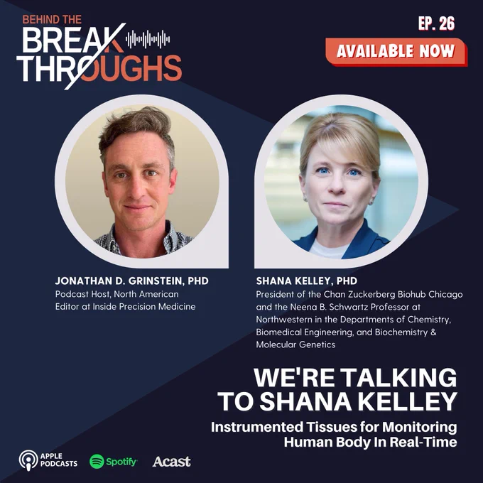 Promotional graphic for the Behind the Breakthroughs podcast, Episode 26. Features host Jonathan D. Grinstein, PhD, and guest Shana Kelley, PhD, President of the Chan Zuckerberg Biohub Chicago, with the title “We’re talking to Shana Kelley about instrumented tissues for monitoring the human body in real time” and a label reading “Available Now.”