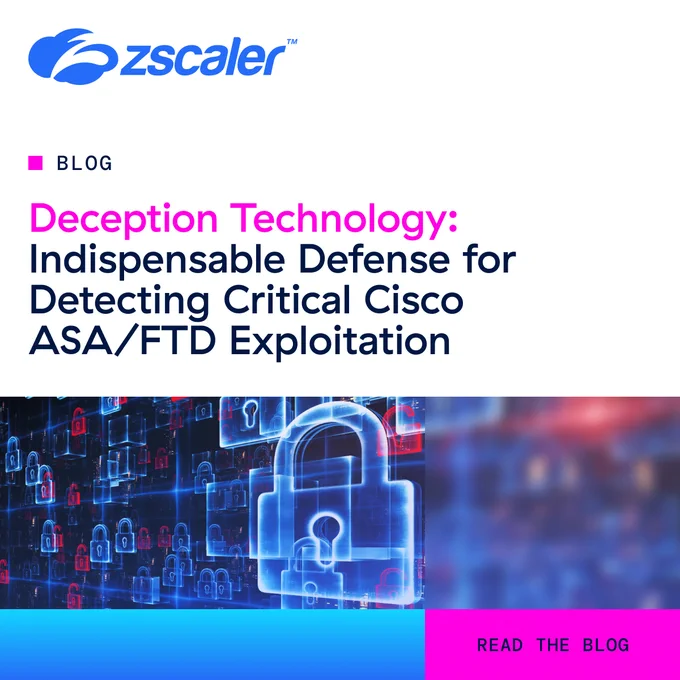 Promotional image for Zscaler blog post titled 'Indispensable Defense for Detecting Critical Cisco ASA/FTD Exploitation', featuring a digital background with padlock icons symbolizing cybersecurity.