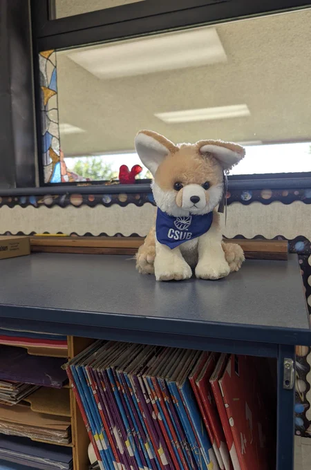 Image of kit fox plush sitting on the bookshelf in classroom