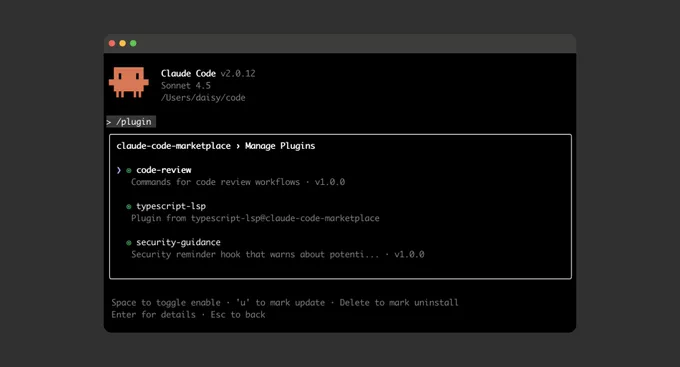 Claude Code terminal interface showing the plugin management screen.